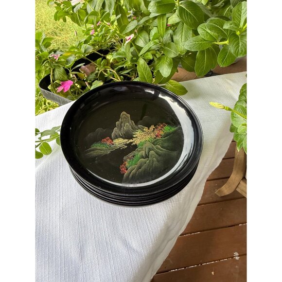 Set of 6 Vintage Hand-Painted Lacquer Plates | Asian Landscape Scene | - Picture 1 of 4